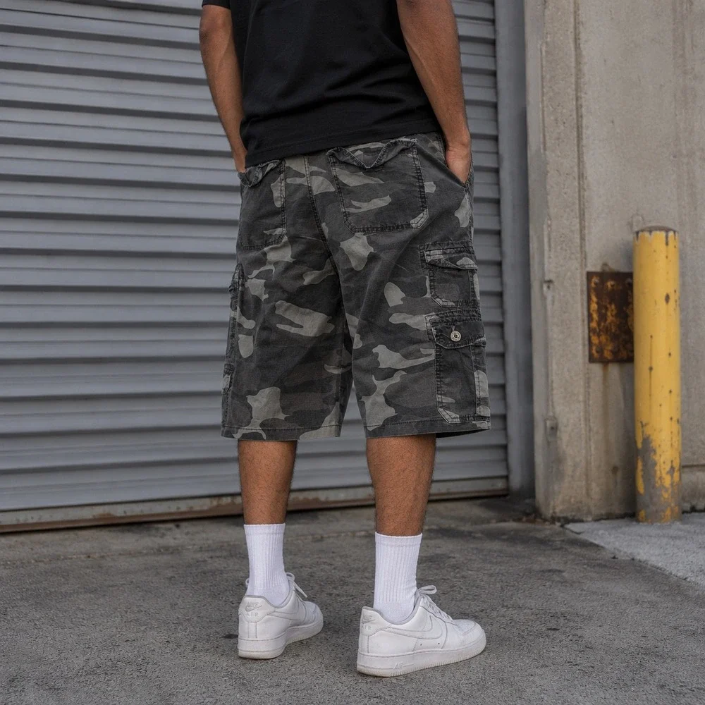 Vintage Plugg Shorts Mens 36 Gray Camo Cargo Ripstop Multi Pocket Baggy Y2K